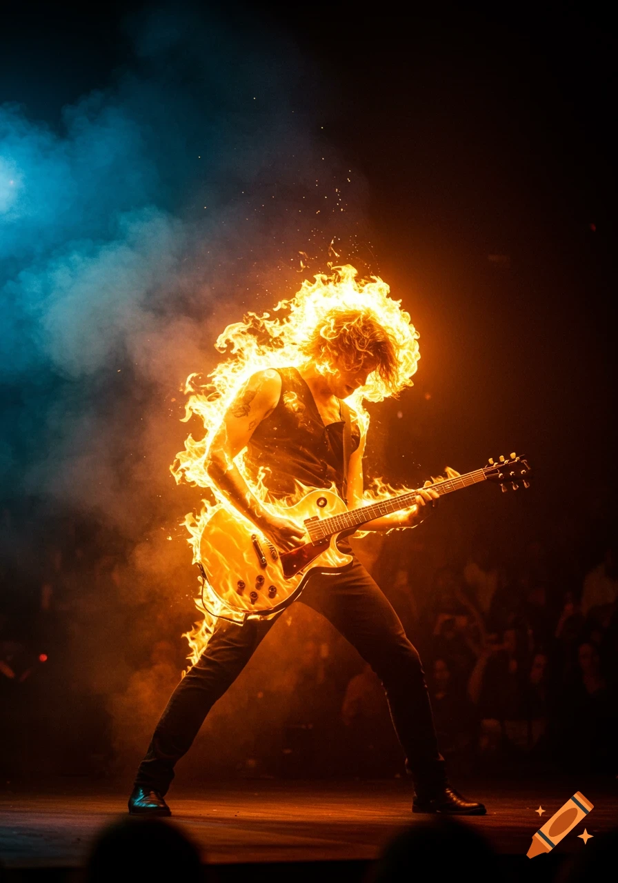 A guitarist on a dark stage is engulfed in bright orange flames while intensely playing an electric guitar. Blue smoke in the background.