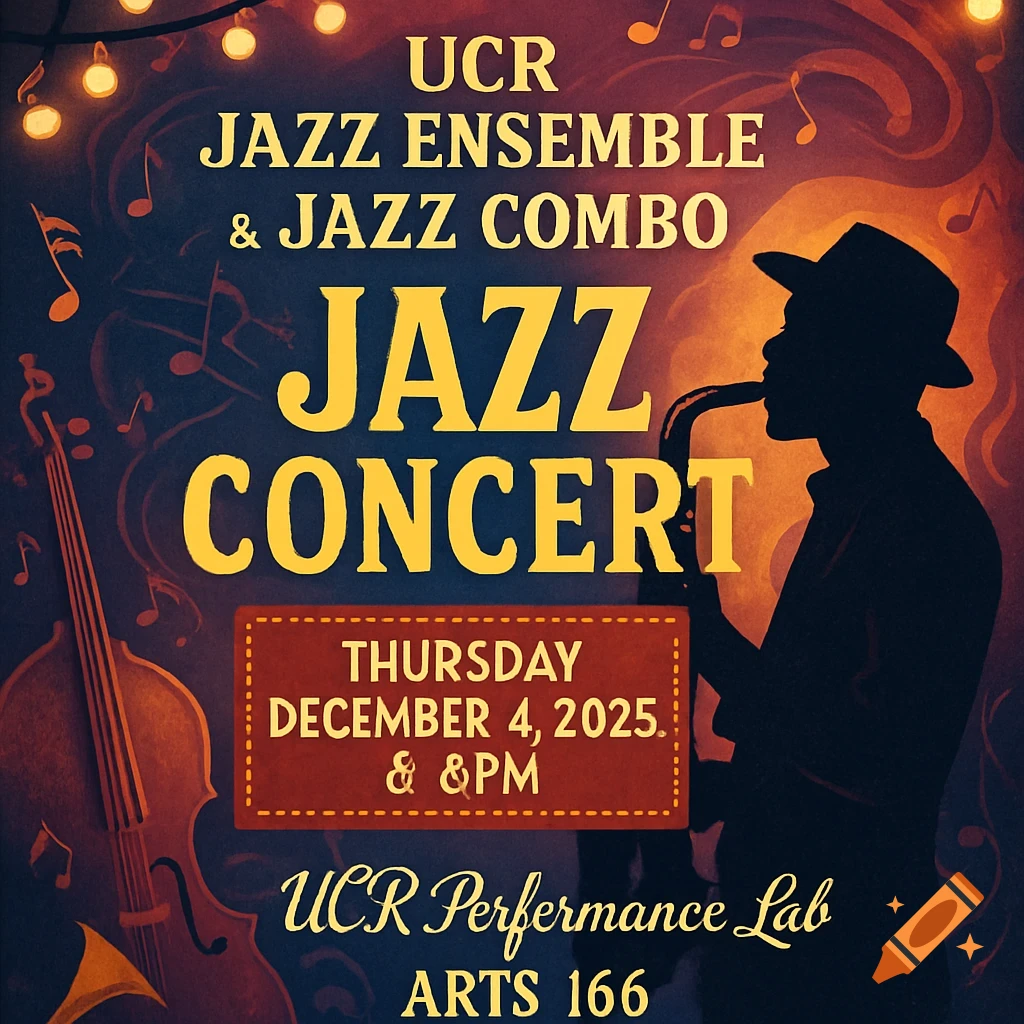 A jazz concert poster featuring a saxophone player silhouette, a cello, musical notes, and concert details.
