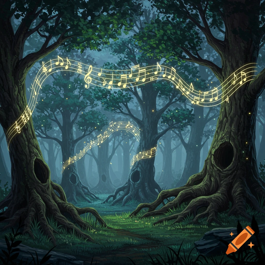 Glowing musical notes float through a dark, mystical forest with large, gnarled trees, illuminated by a faint light.