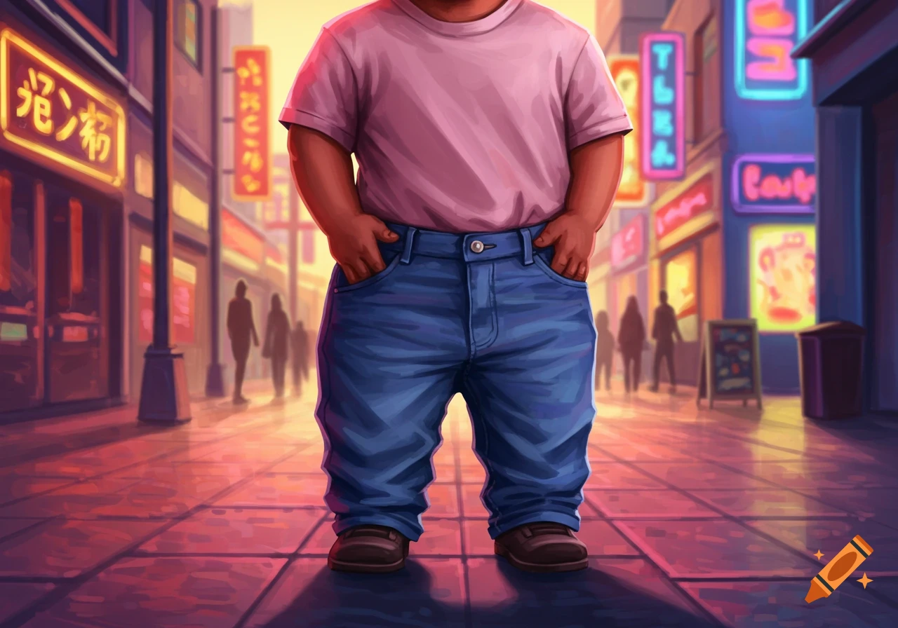 Digital illustration of a short person in a pink shirt and blue jeans, hands in pockets, on a neon-lit city street with blurred figures.