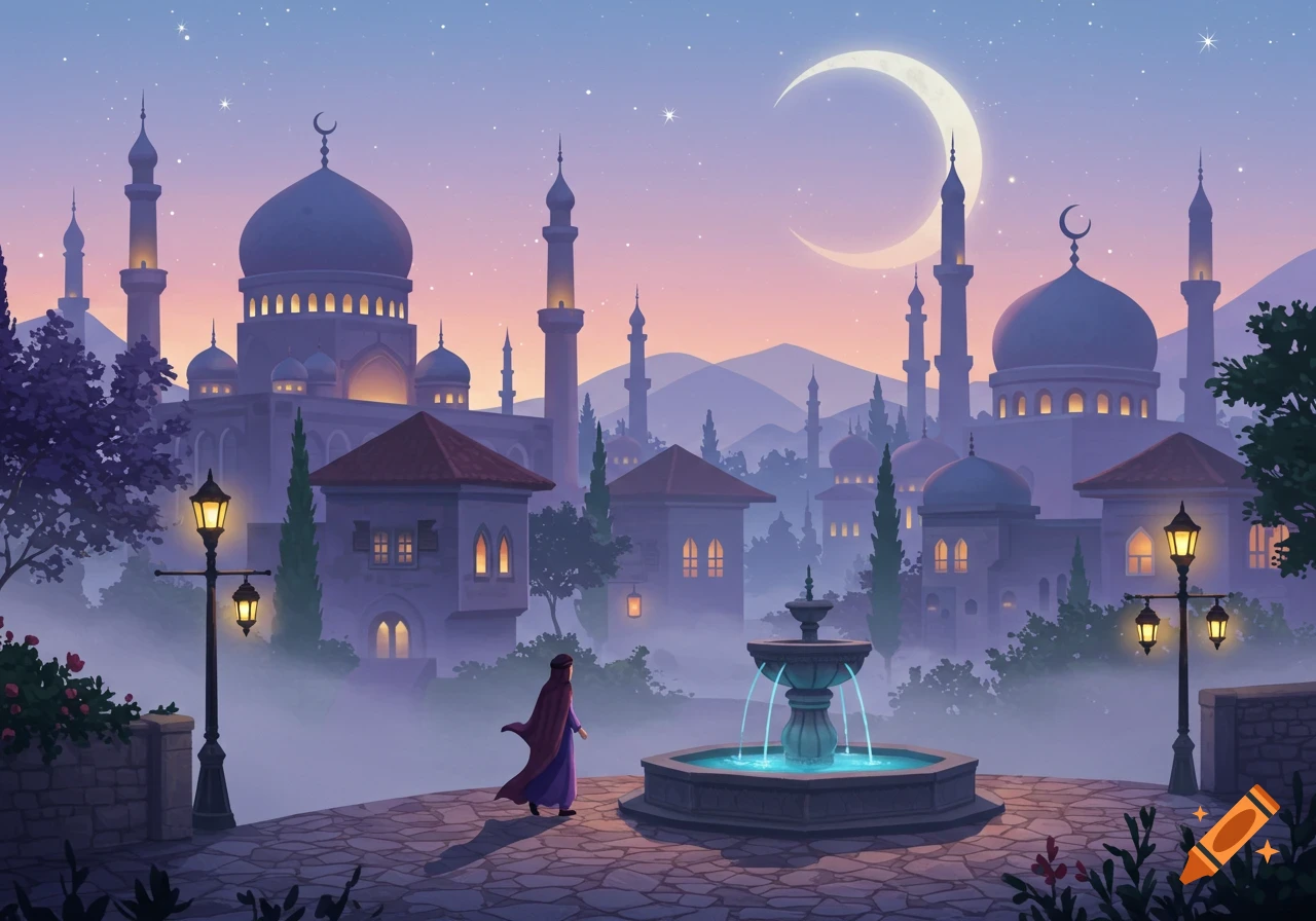 An illustrated cityscape with mosques and minarets under a crescent moonlit sky at dusk, a person walks past a glowing fountain.
