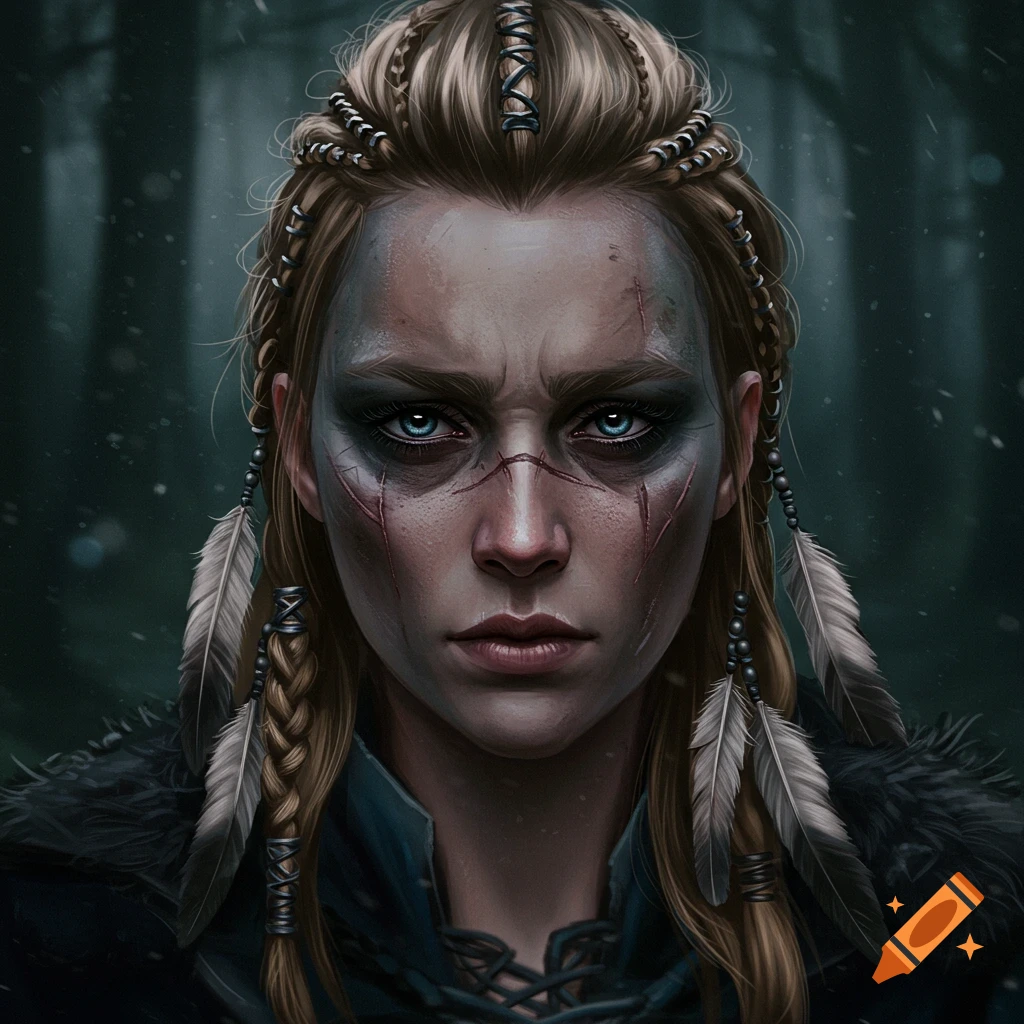 Close-up portrait of a fierce blonde Viking woman with braids, face paint, scars, and feathers, in a snowy dark forest.