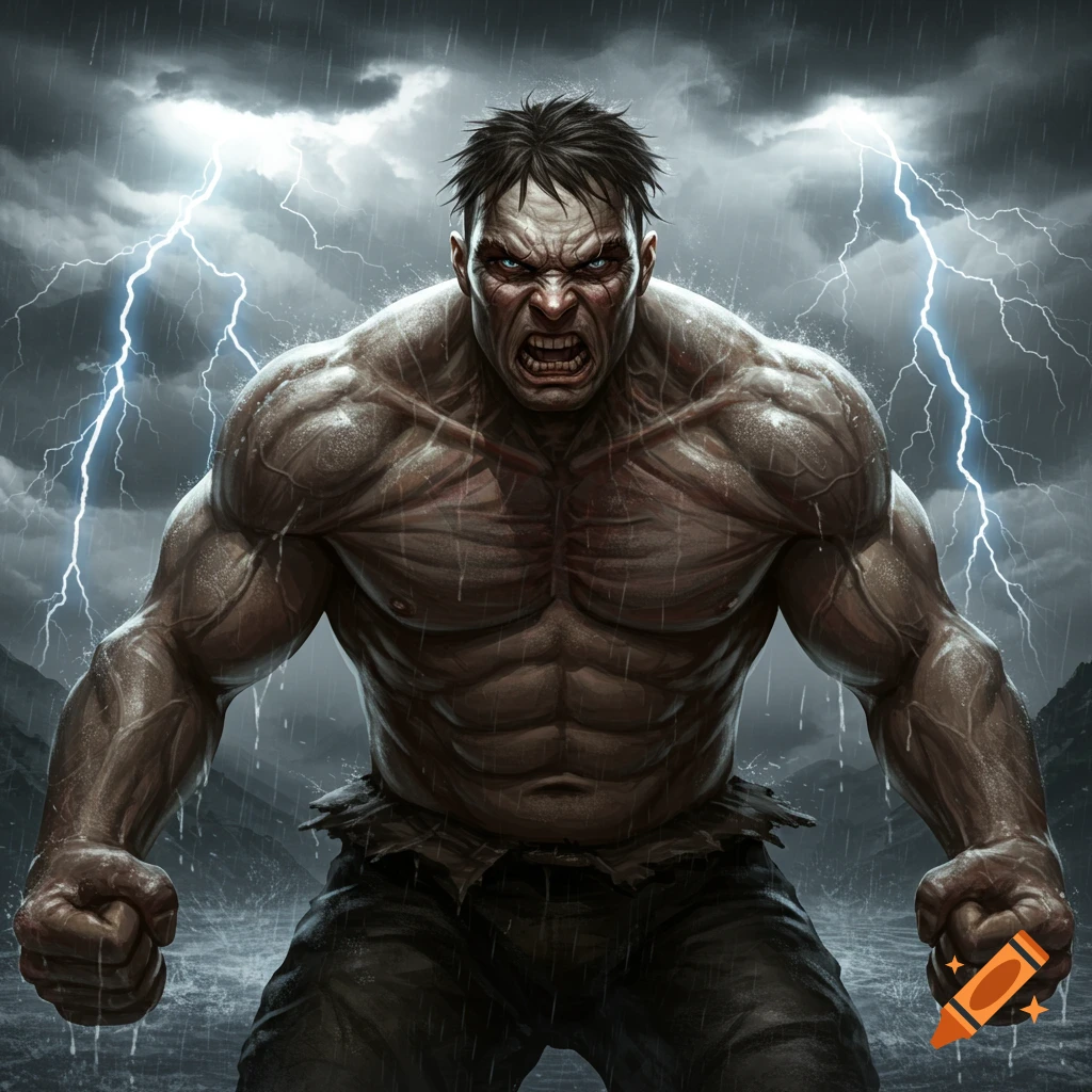 A muscular, angry man with glowing blue eyes, resembling The Hulk, roars amidst a stormy landscape with lightning strikes.