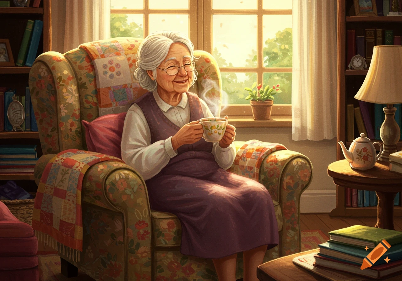 An elderly woman with white hair and glasses smiles while sitting in a floral armchair, drinking tea in a cozy, sunny living room.