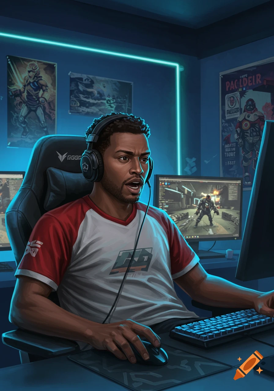 A Black man with headphones on, intensely playing a video game at a desktop computer in a neon-lit room.