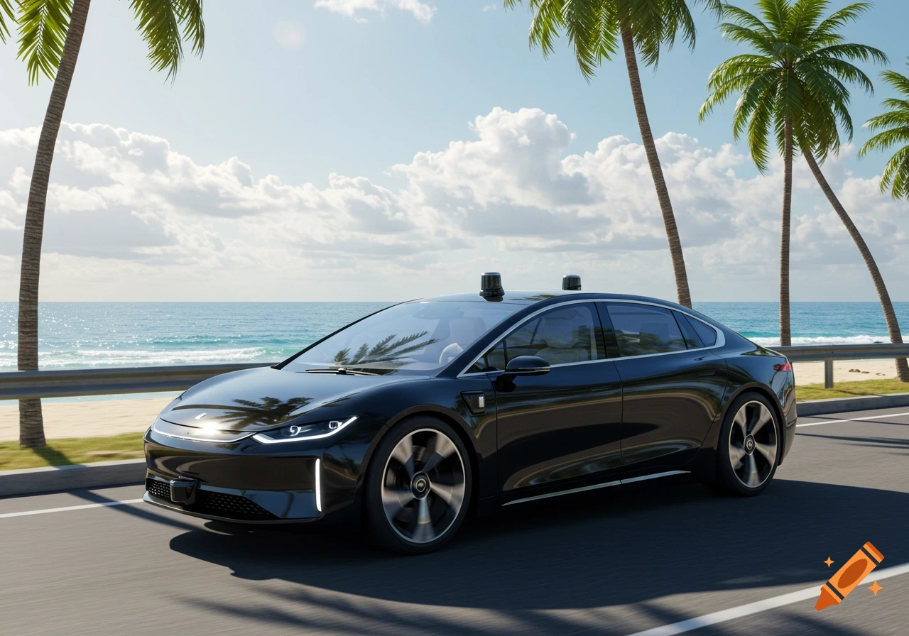 A sleek black futuristic autonomous car drives on a sunlit coastal road lined with palm trees, with the ocean in the background.