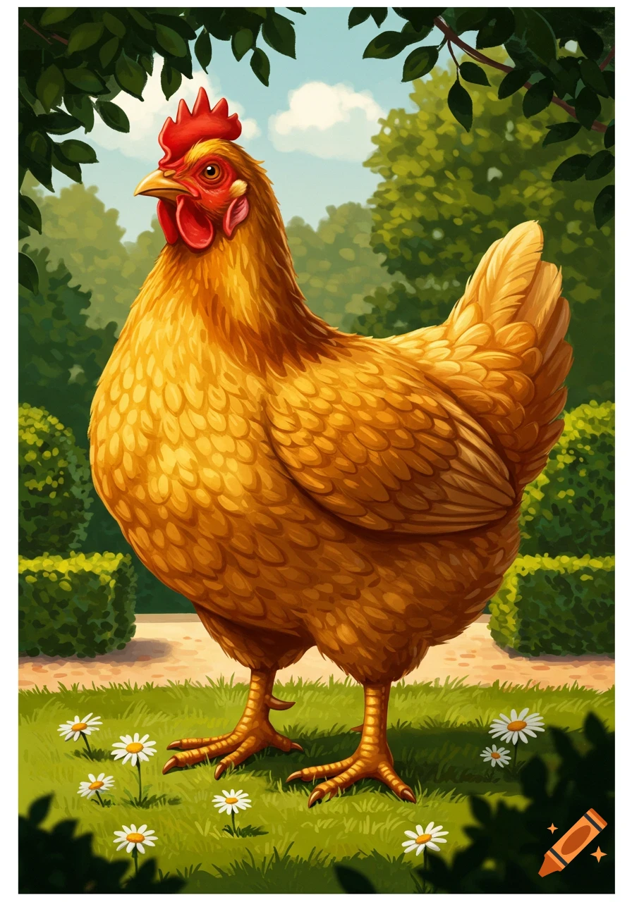 A golden brown chicken stands prominently in a sunny green garden with white daisies, hedges, and trees in an illustrative style.