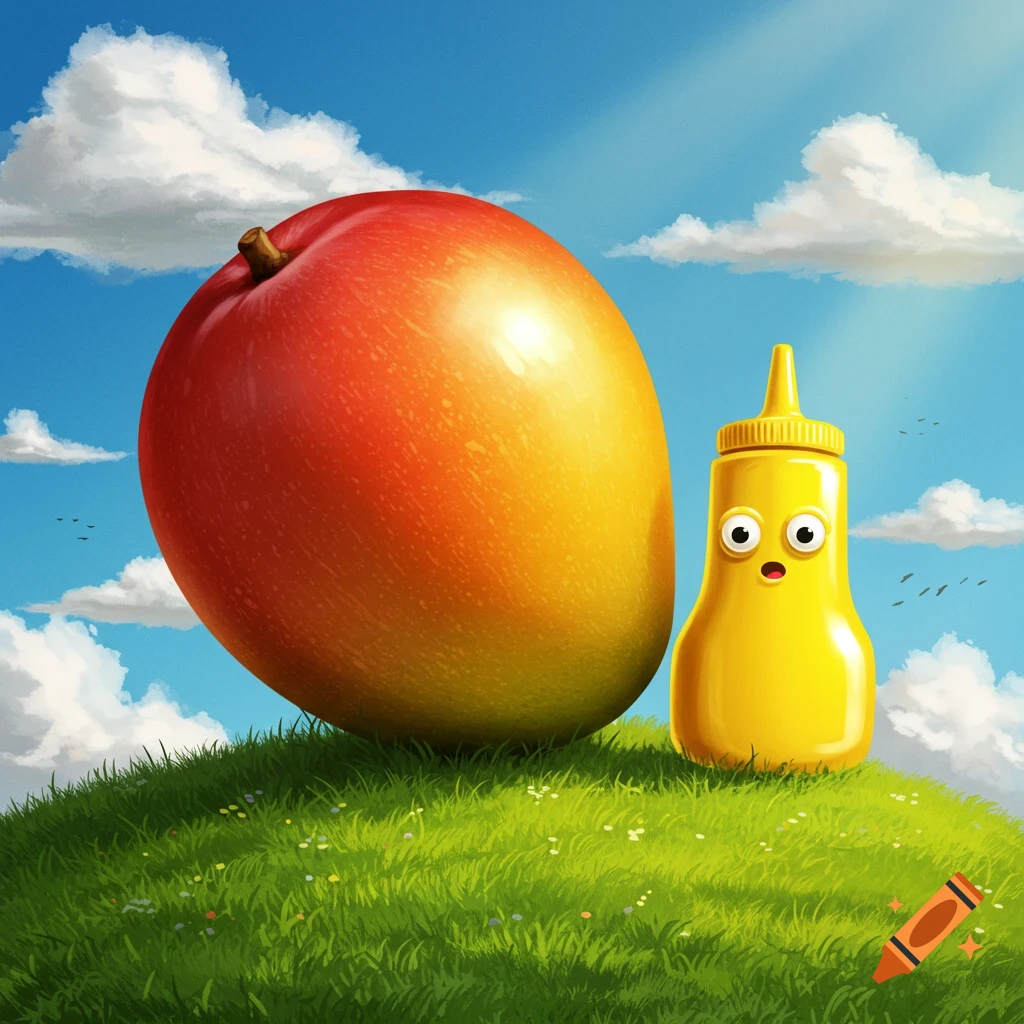 A whimsical cartoon shows a giant mango and a surprised mustard bottle with eyes standing on a grassy hill under a blue sky.
