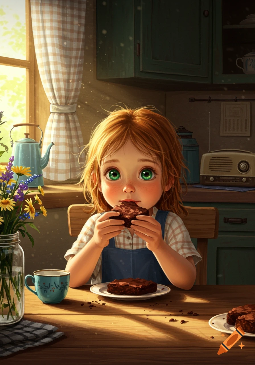 Illustrated young girl with green eyes eating a brownie at a kitchen table, sunlight streaming in.