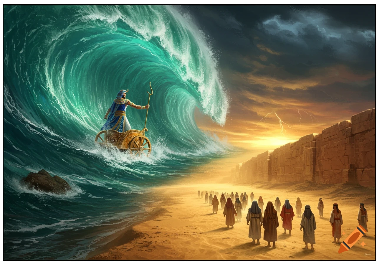 Pharaoh in a chariot caught in a massive green wave as a multitude crosses dry land under a stormy, sunset sky.