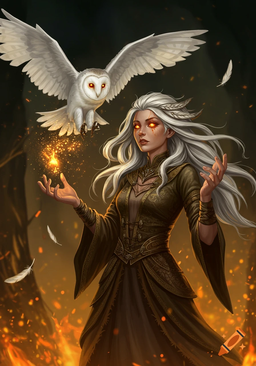A fantasy illustration of a witch with white hair and glowing orange eyes conjuring magic, with a white barn owl flying above.