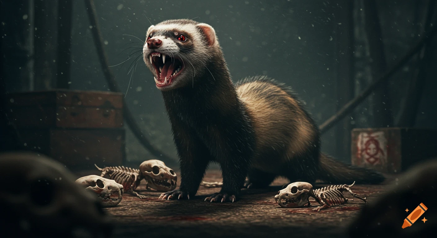 A hyper-realistic, aggressive ferret with glowing red eyes bares fangs amidst stylized animal skeletons in a dark, gritty scene.