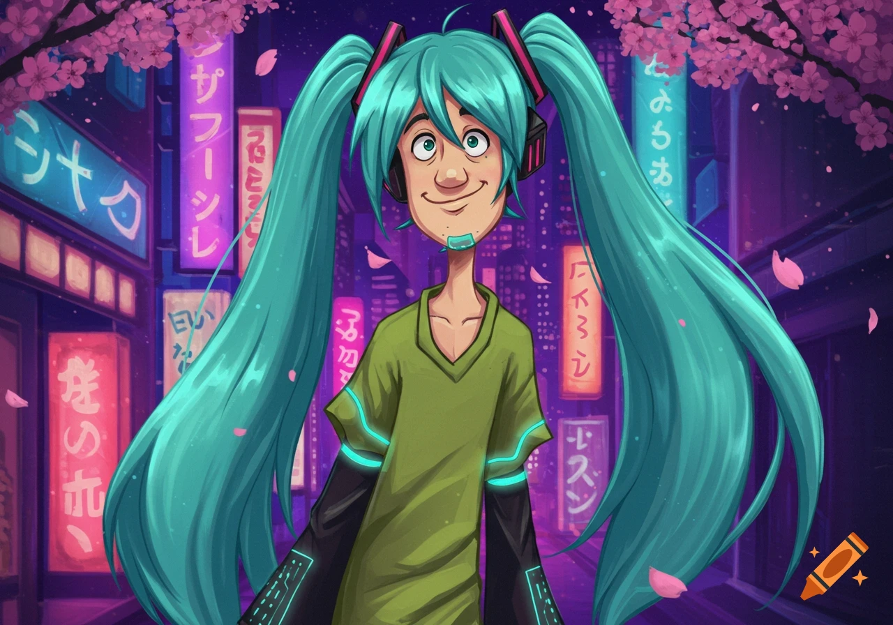 Shaggy from Scooby Doo dressed as Hatsune Miku in a neon-lit Japanese city street with cherry blossoms.