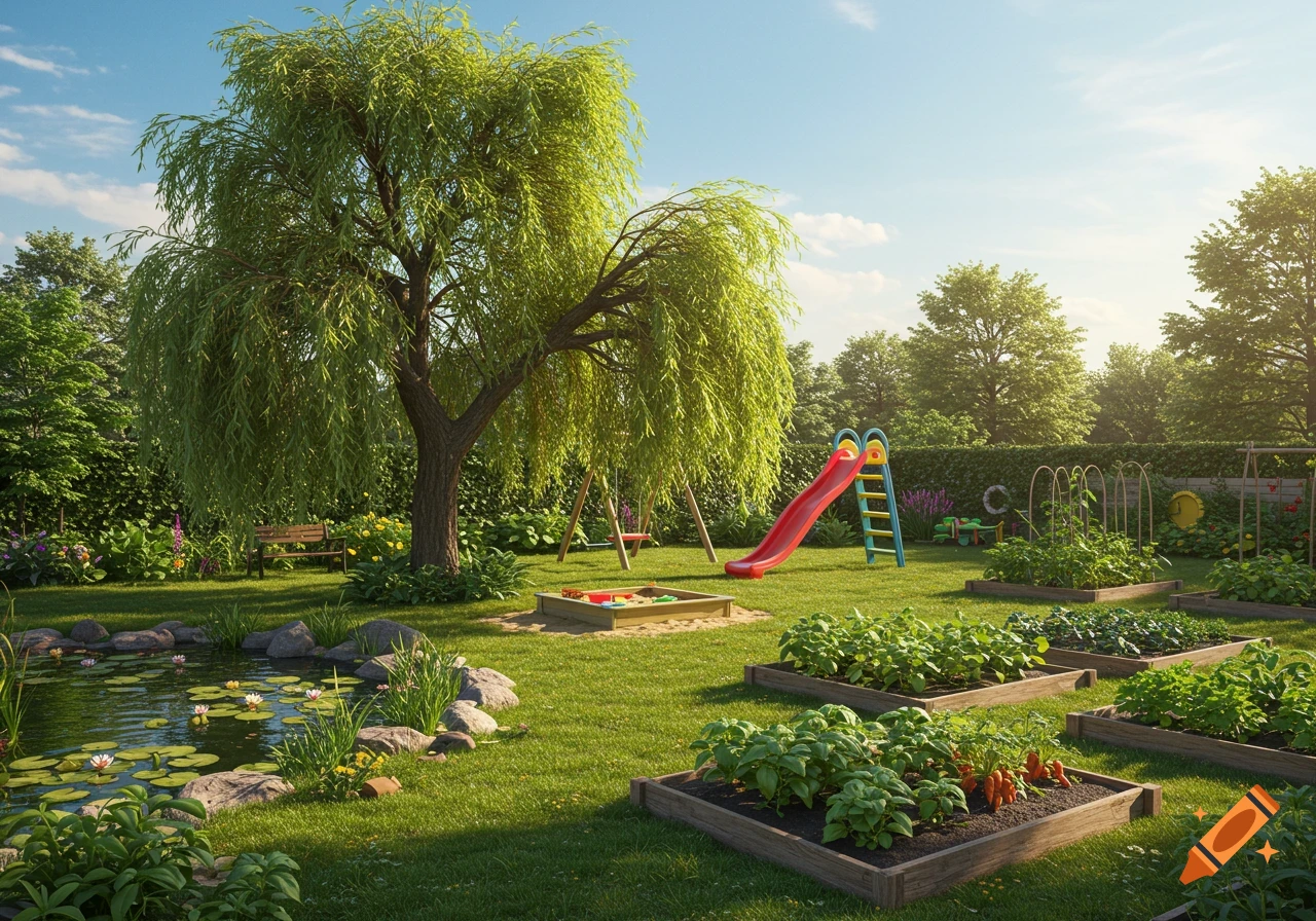 A sunny garden featuring a large willow tree, a pond with lily pads, a children's playground, and raised vegetable beds, photorealistic.