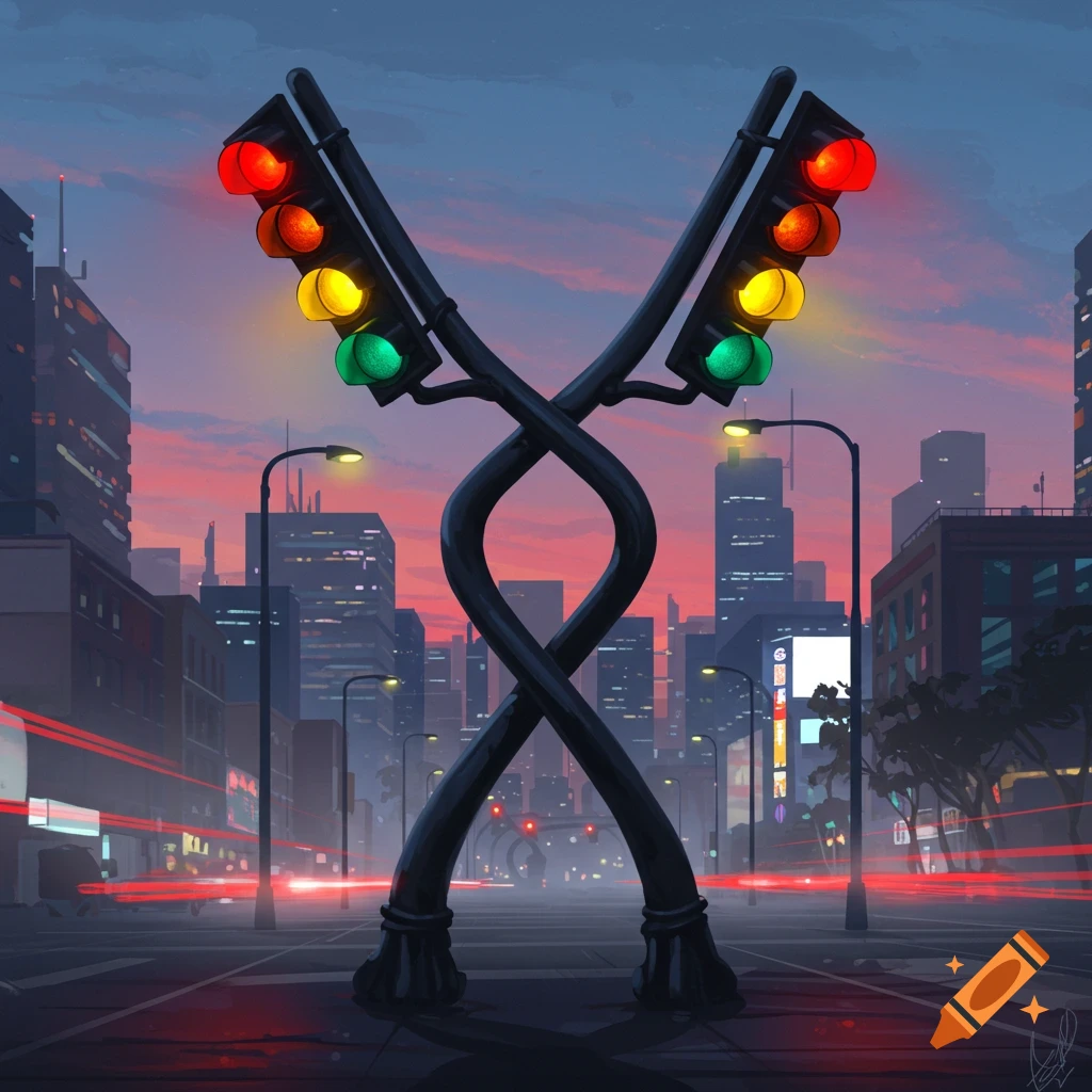Two black traffic lights intertwined like DNA strands stand in a stylized city street at sunset, with buildings and red light trails.