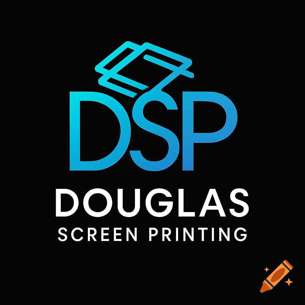 A logo for Douglas Screen Printing, featuring gradient blue 'DSP' text with abstract screens above and 'DOUGLAS SCREEN PRINTING' below on black.