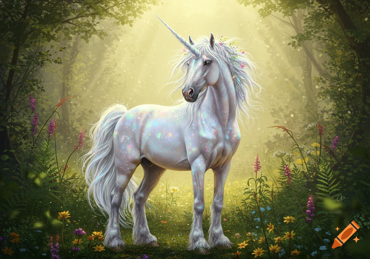 A shimmering white unicorn with a spiraled horn and floral mane stands in a lush, sun-dappled magical forest with colorful wildflowers.