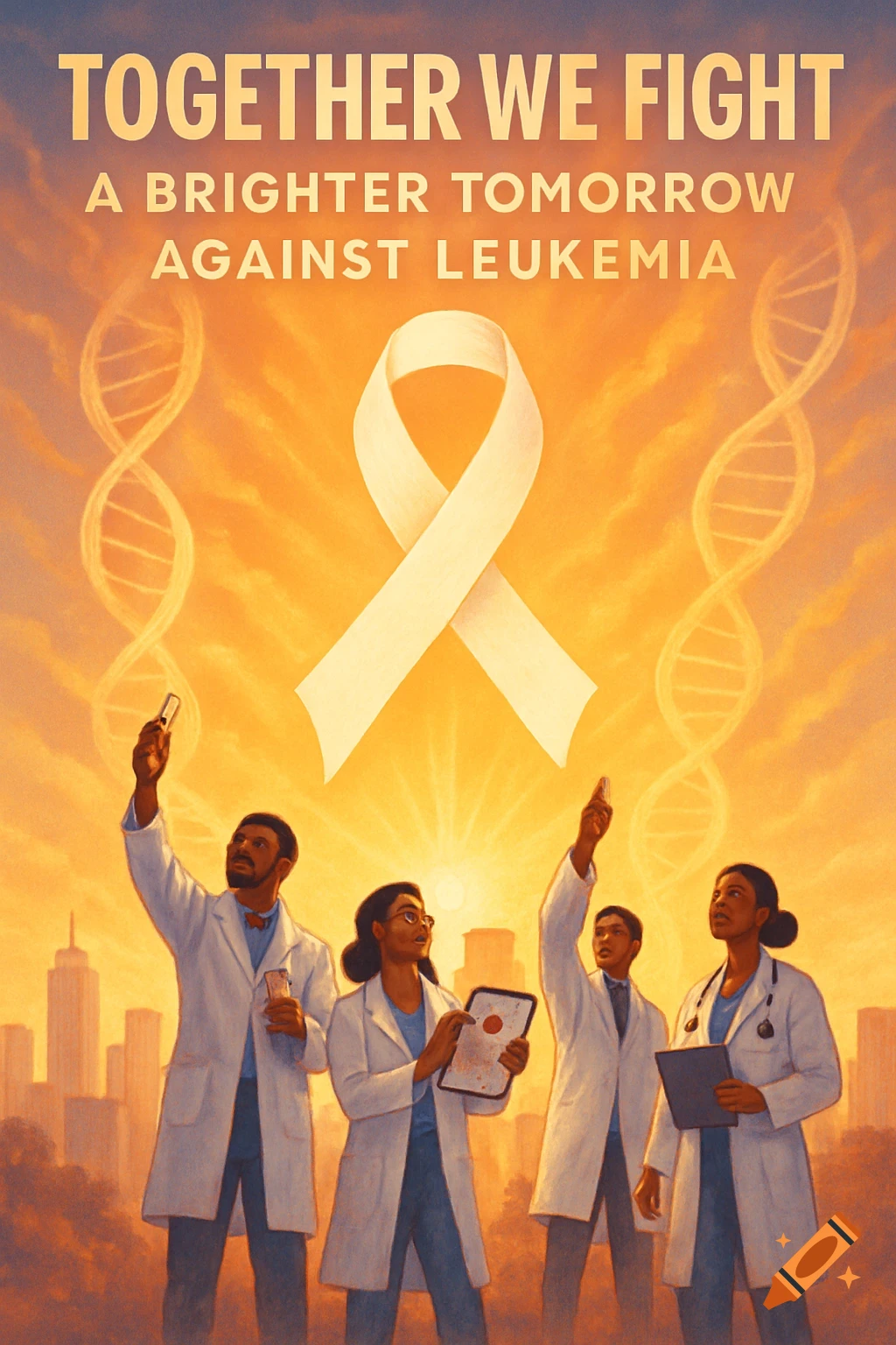 Doctors in lab coats look up at a white awareness ribbon and DNA helixes in a bright orange sky with city skyline and text about fighting leukemia.