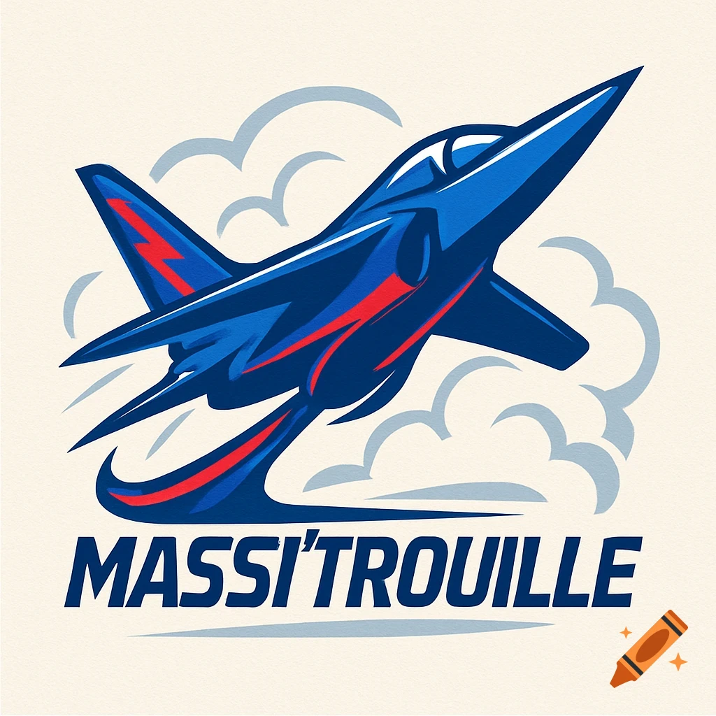 A blue and red fighter jet logo with stylized clouds and the text 'MASSI'TROUILLE'.