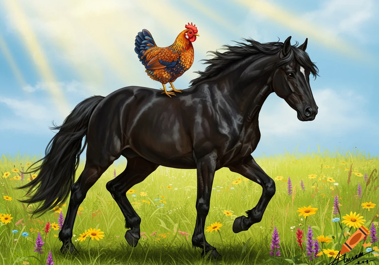 A digital painting shows a black horse walking through a wildflower field with a colorful rooster on its back.