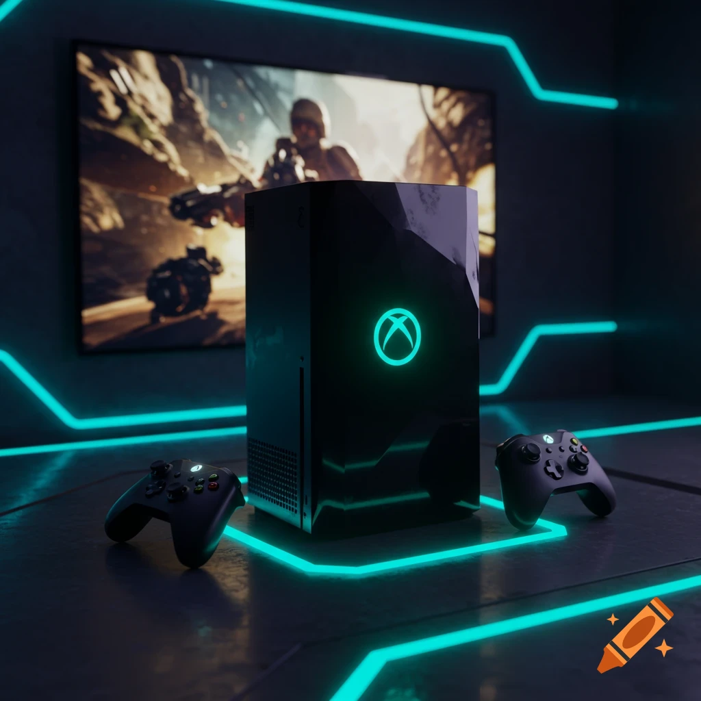 Photorealistic Xbox Series X console with glowing green logo and two controllers in a dark, neon-lit gaming setup with a screen showing a game.