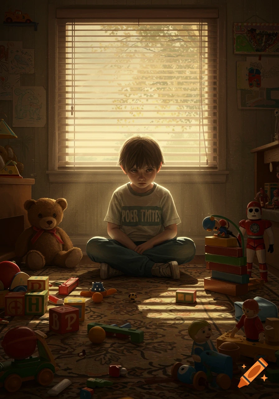 A young boy sits cross-legged on a rug amidst scattered toys in a sunlit room, looking sad.
