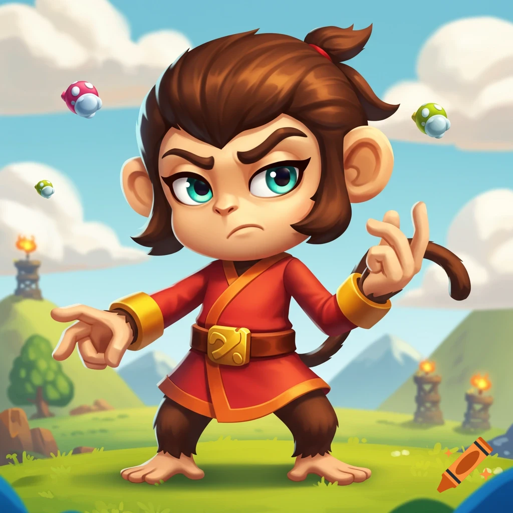 A cartoon monkey character in a red martial arts robe with gold accents, striking a pose in a vibrant grassy field with floating power-ups.