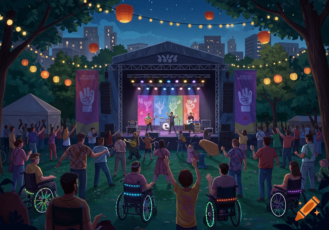 A vibrant night concert in a park with a band performing for a diverse crowd, including people in wheelchairs, under string lights.