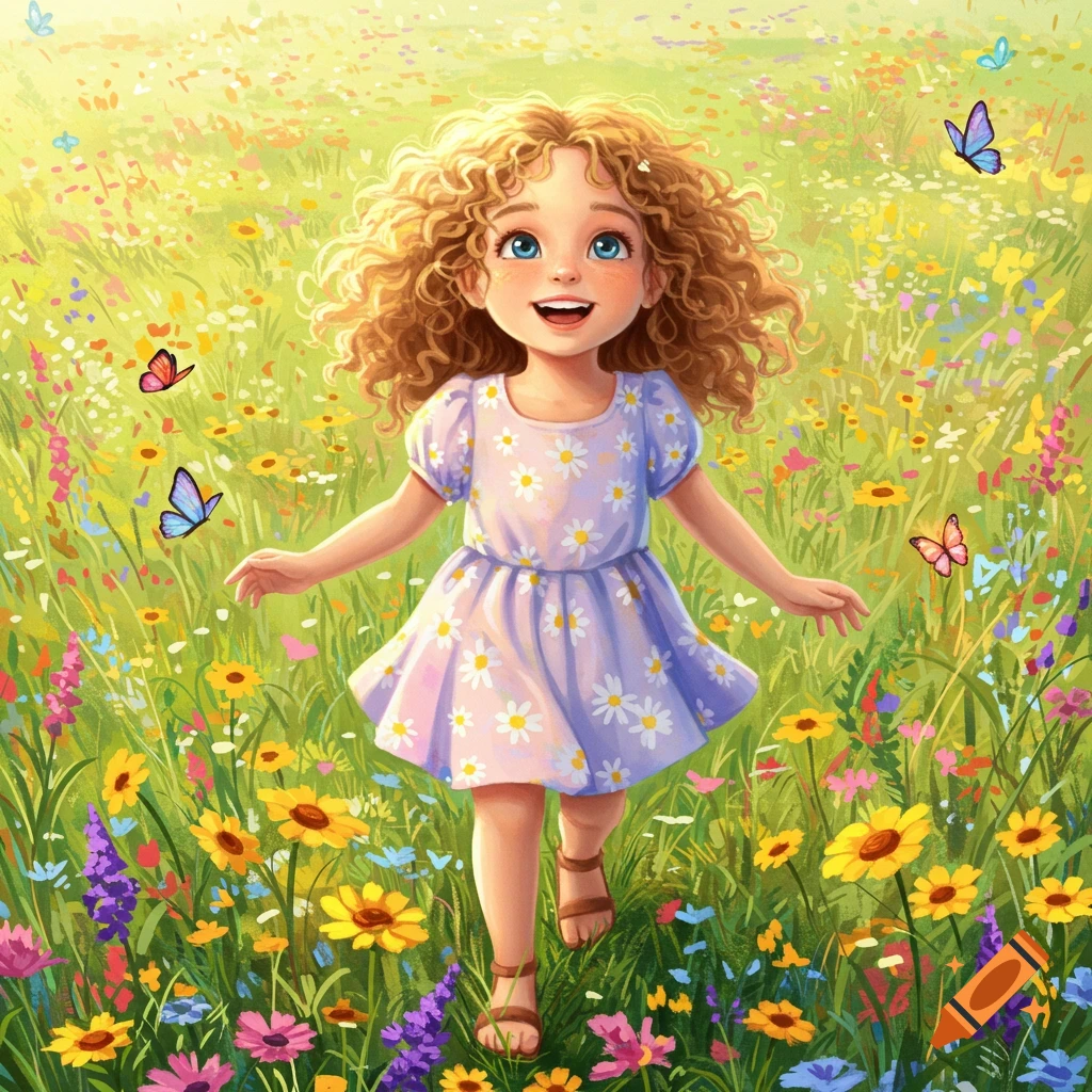 A smiling little girl with curly blonde hair runs through a sunny field of colorful wildflowers and butterflies in a cheerful illustration.
