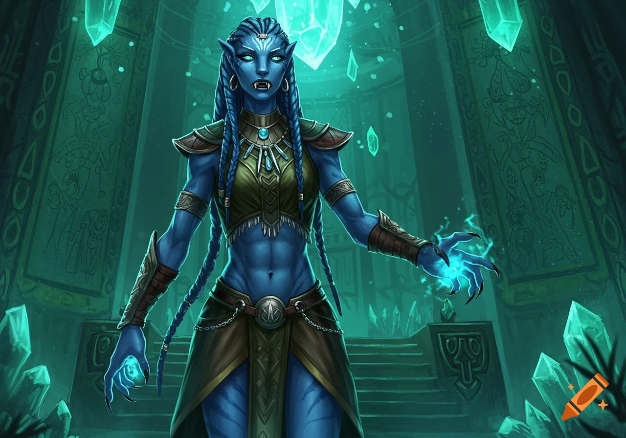 A blue-skinned alien warrior priestess with braided hair, fangs, and glowing hands stands in a crystalline, teal temple.