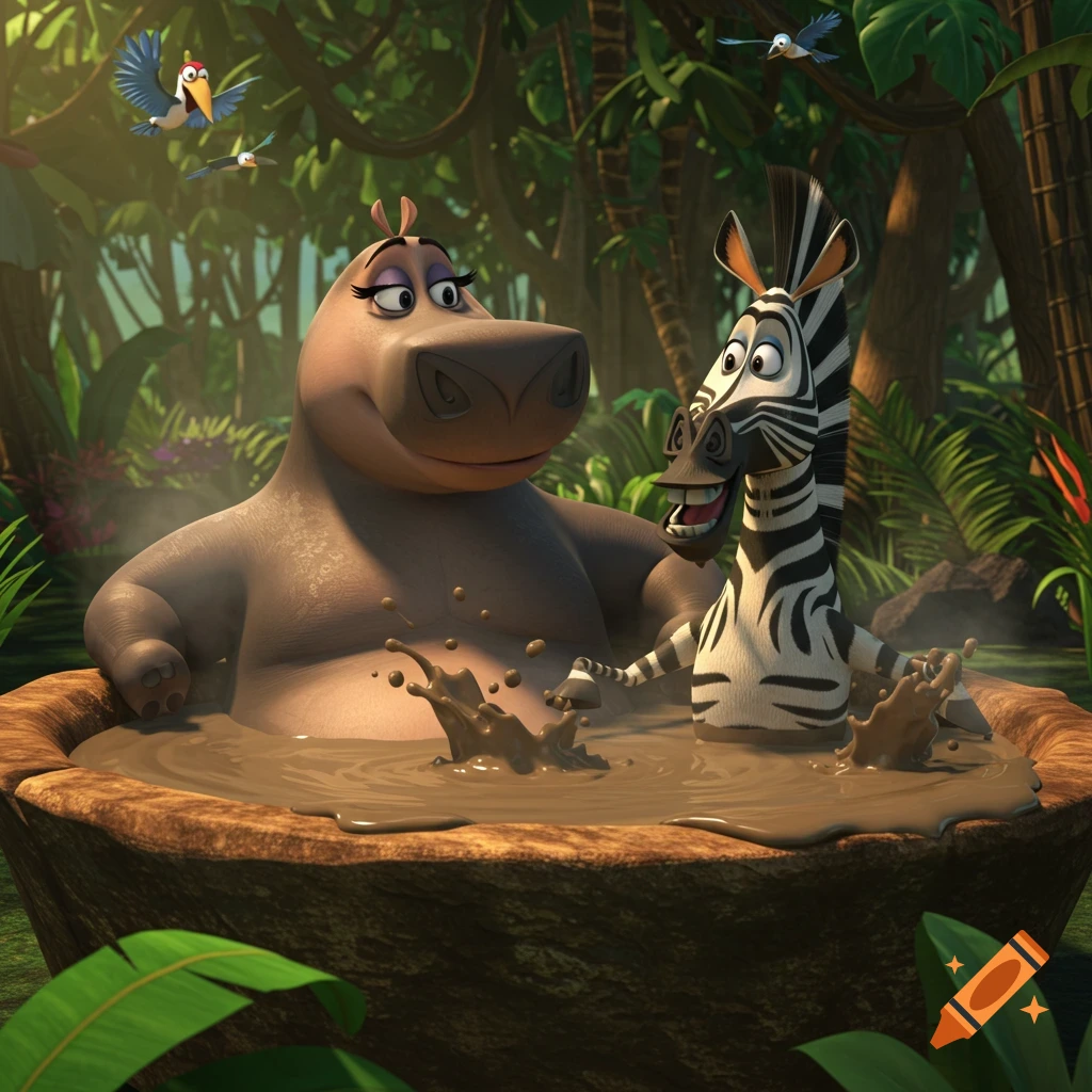 Gloria the hippo and Marty the zebra from Madagascar in a mud hot tub in a jungle, 3D animation.