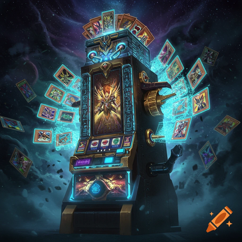A futuristic golden and black slot machine, styled with glowing blue lines and hieroglyphs, surrounded by floating Yu-Gi-Oh! cards in a cosmic setting.