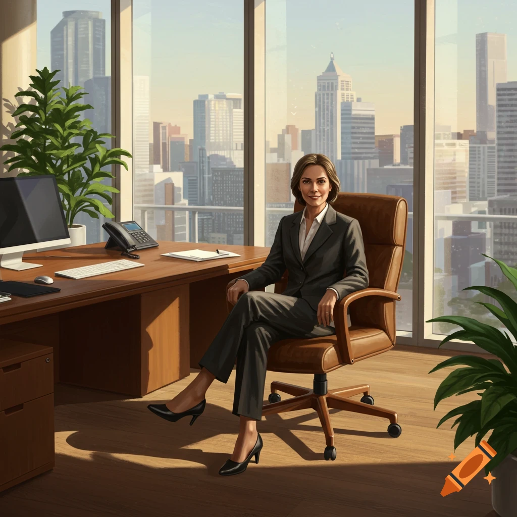A professional woman in a grey suit smiles while sitting at a desk in a modern office with a city view.