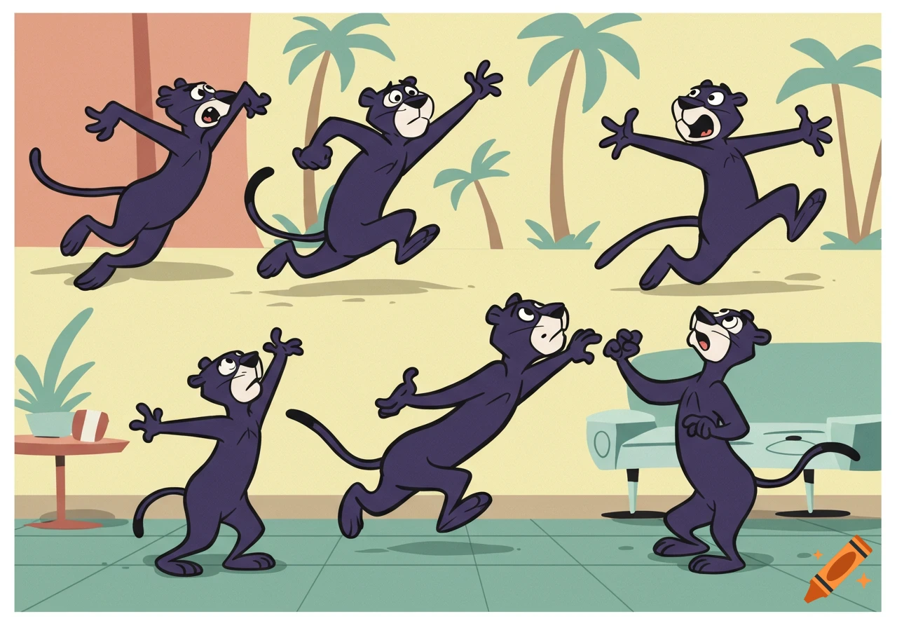 Six cartoon panthers in various running and jumping poses, drawn in a classic Hanna-Barbera animation style with retro backgrounds.