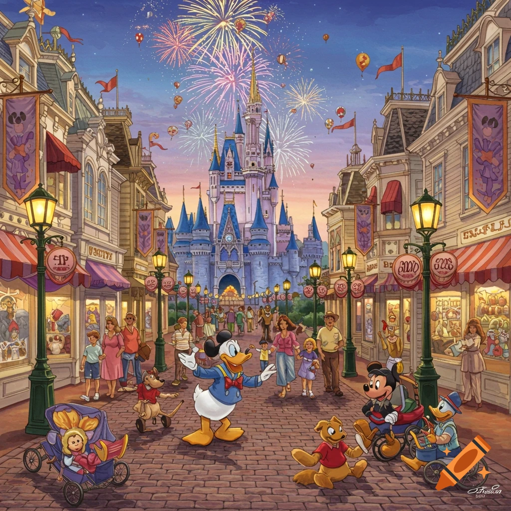 Donald Duck, Mickey Mouse, and Winnie the Pooh with people on a Main Street U.S.A. in front of a castle with fireworks at dusk.