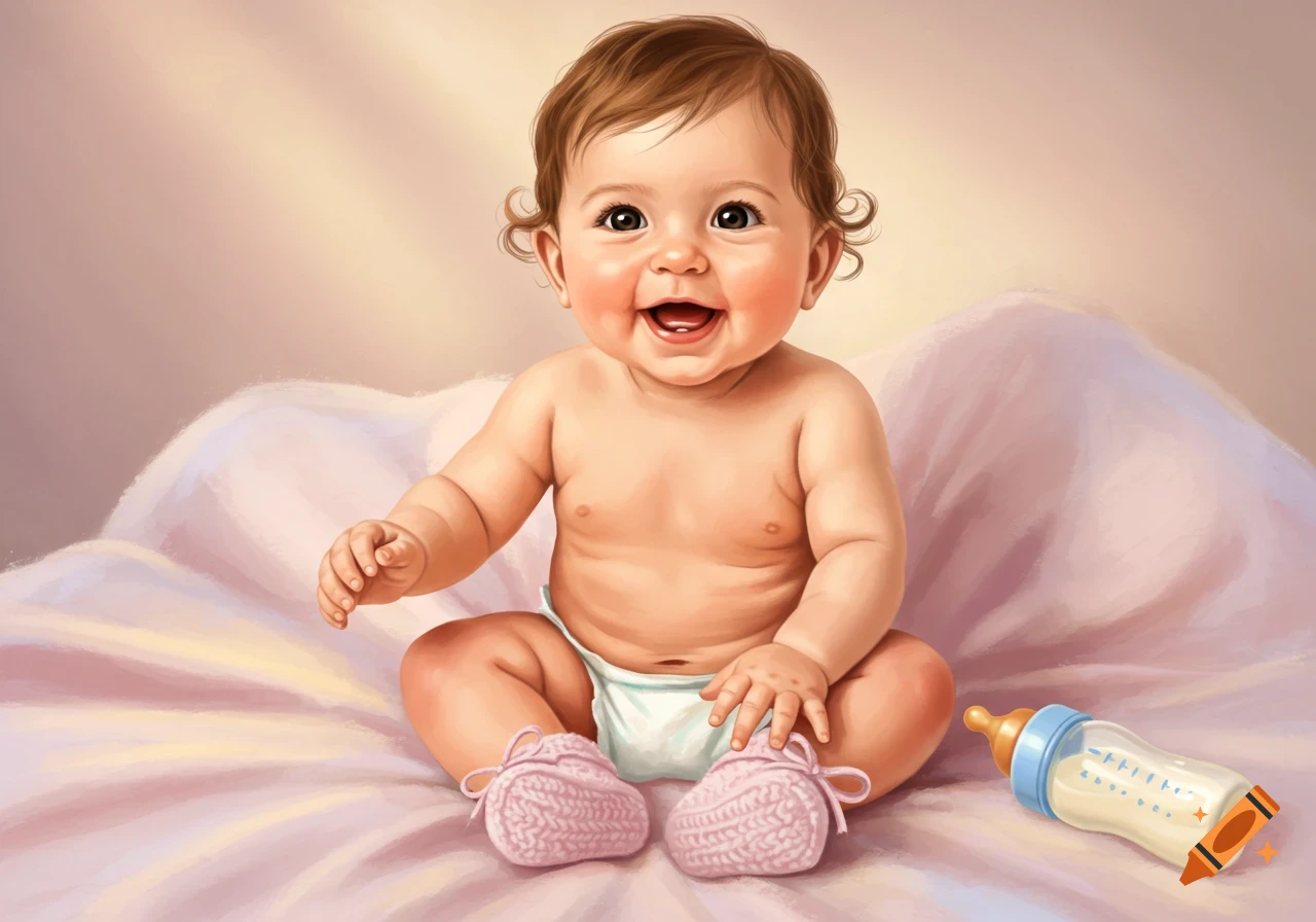Smiling baby with brown hair and eyes, wearing a diaper and pink knitted booties, sitting on a pink blanket next to a baby bottle. Illustration.