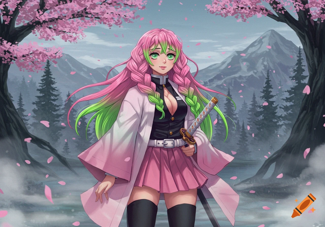 Anime girl with pink and green hair and a katana, standing under cherry blossoms with mountains in the background.