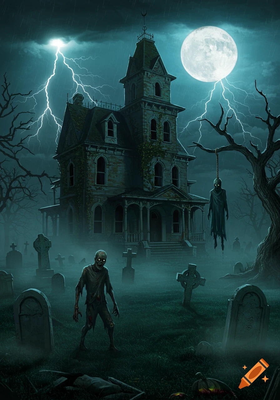 A spooky, dilapidated mansion in a cemetery with a zombie, gravestones, and a hanged ghost under a full moon and lightning.
