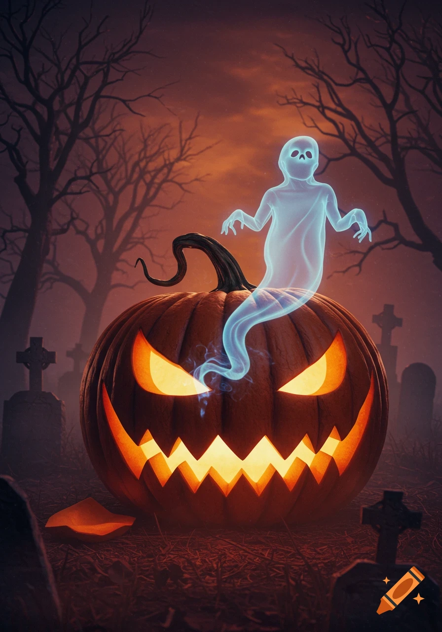 A glowing jack-o'-lantern with a spooky face sits in a graveyard, with a translucent blue ghost emerging from its eye under an orange sky.