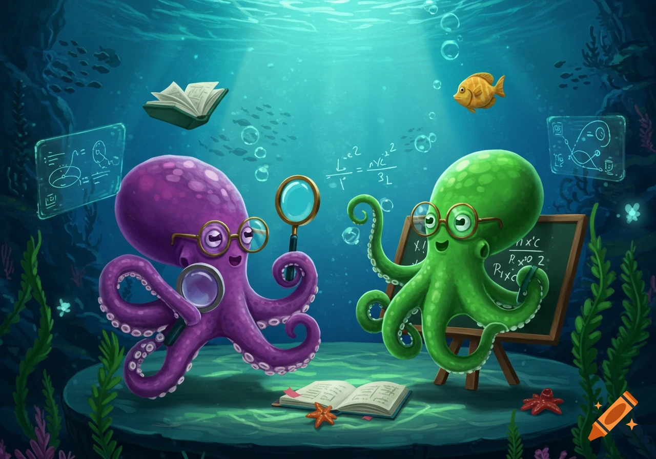 Cartoon purple and green octopuses with glasses study physics underwater, surrounded by books, blackboards, and holographic equations.