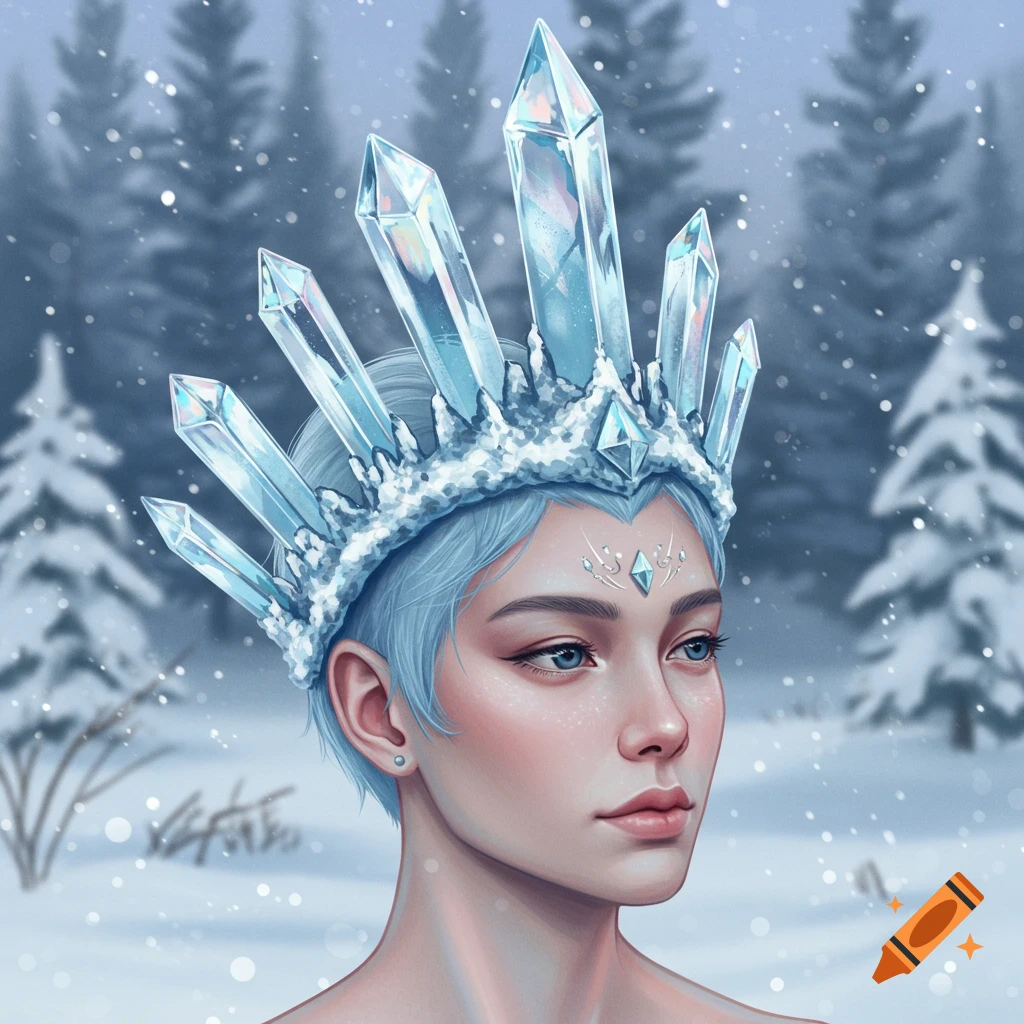 Digital painting of a person with short blue hair and blue eyes wearing an intricate ice crystal crown in a snowy forest.
