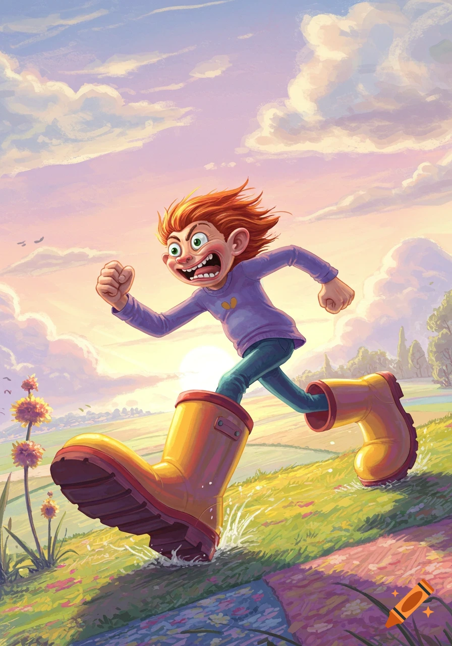 A cartoon boy with red hair and a grimace runs in oversized yellow rubber boots through a grassy field, splashing water under a vibrant sunset sky.