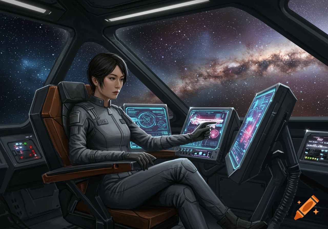 A woman in a grey spacesuit sits in a spaceship cockpit, pointing at a glowing control screen, with a stunning view of space and galaxies outside.