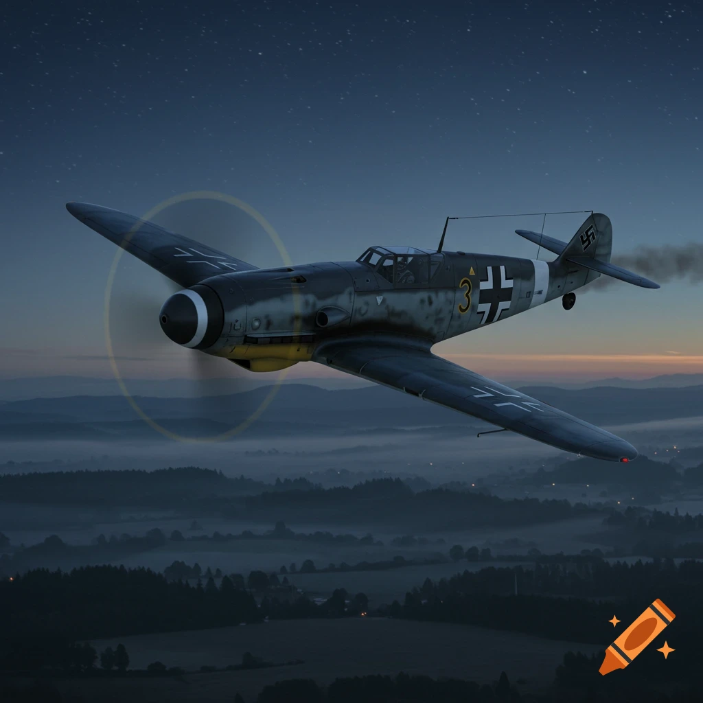 A German Messerschmitt Bf 109 fighter plane flies over misty hills at dusk.