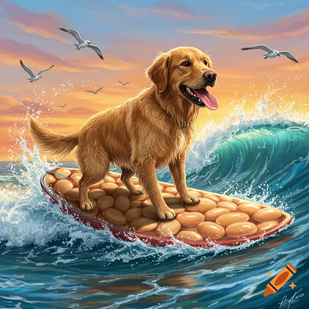 A golden retriever dog happily surfs on a surfboard shaped like a giant baked bean in a vibrant, illustrative style.