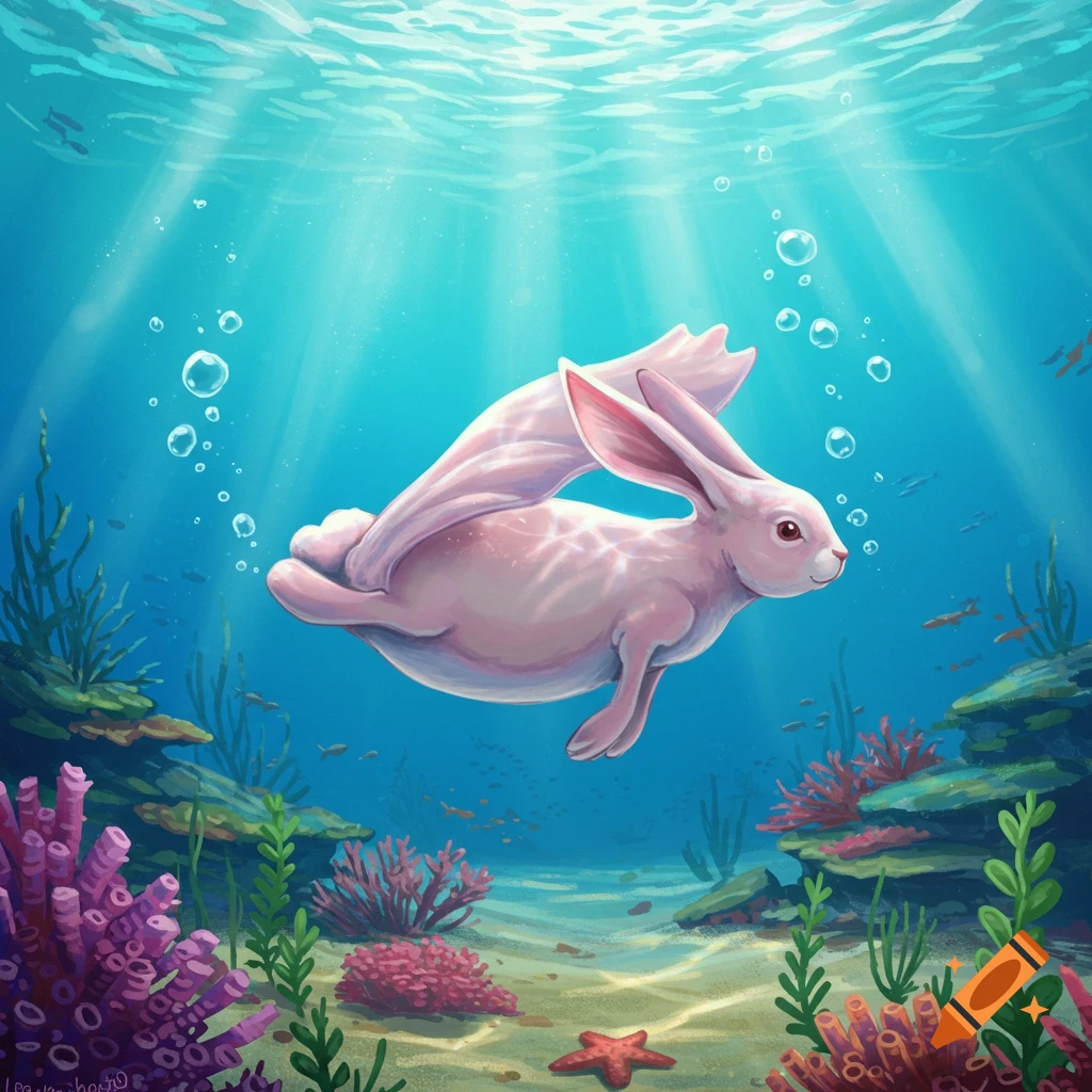 A whimsical pink rabbit-like sea creature with large ears and fins swims gracefully in a vibrant blue ocean with coral and sunbeams.