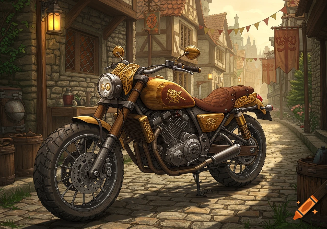 A detailed, custom medieval-style motorcycle with wood and gold accents parked on a cobblestone street in a fantasy town.