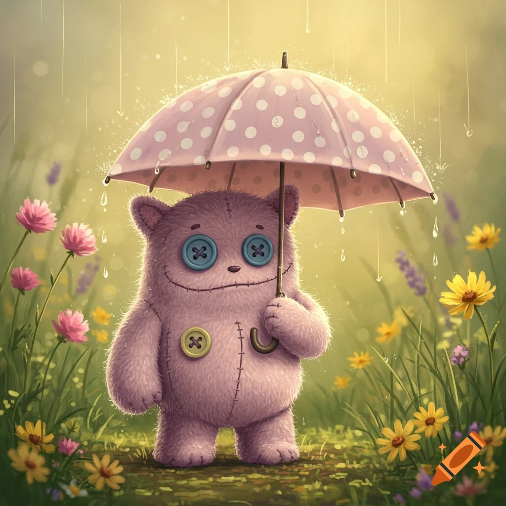 A fluffy purple felt monster with button eyes holds a pink polka-dot umbrella in a field of colorful flowers with falling rain.