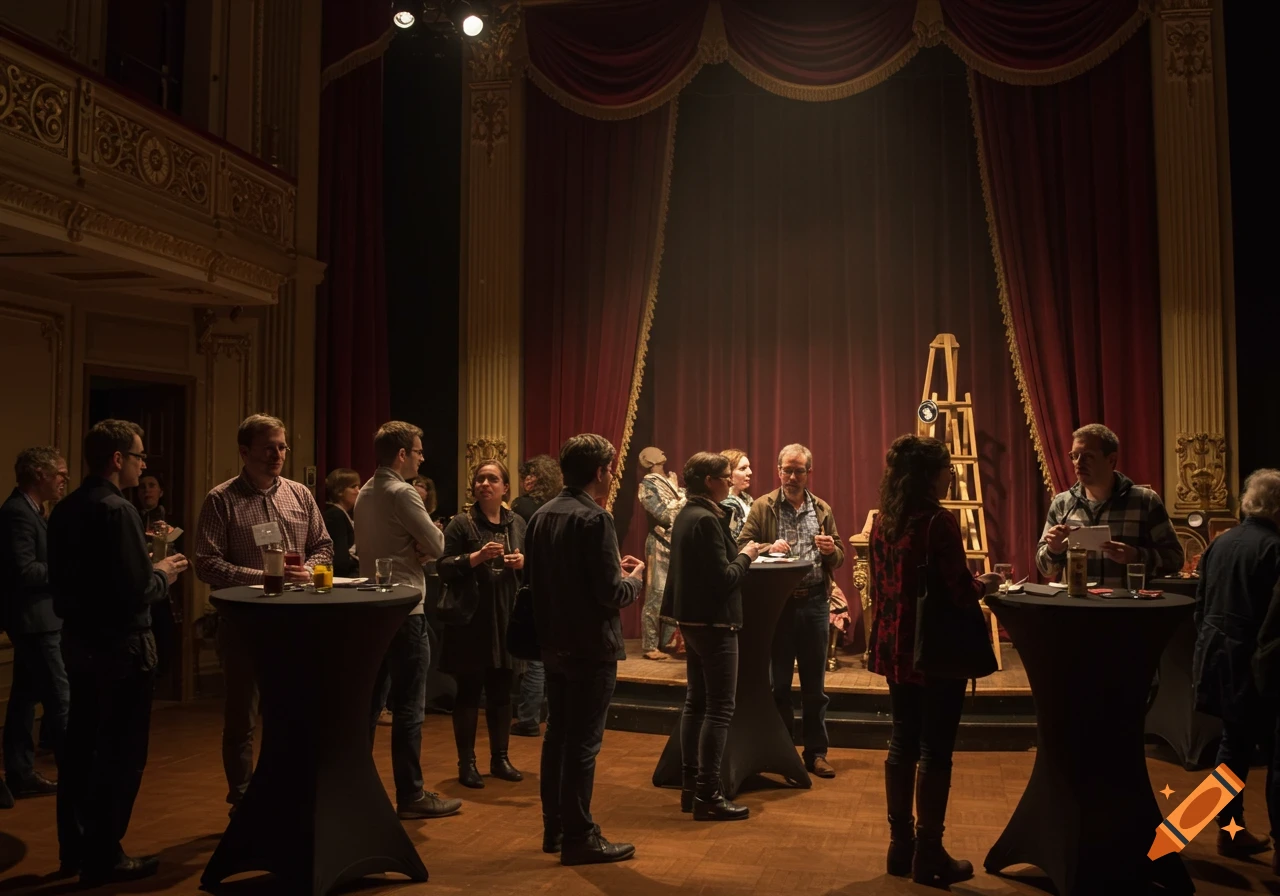 People mingle at a professional networking event in a grand hall with red curtains.