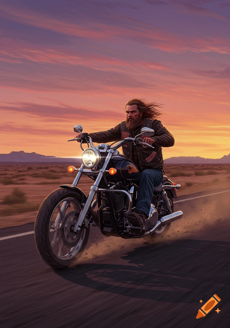 An illustrated bearded man with long hair rides a motorcycle on a desert road at sunset, with mountains in the distance.